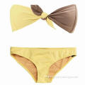 Bandeau Bikini, has a half yellow, half taupe top with a self tie centre detail